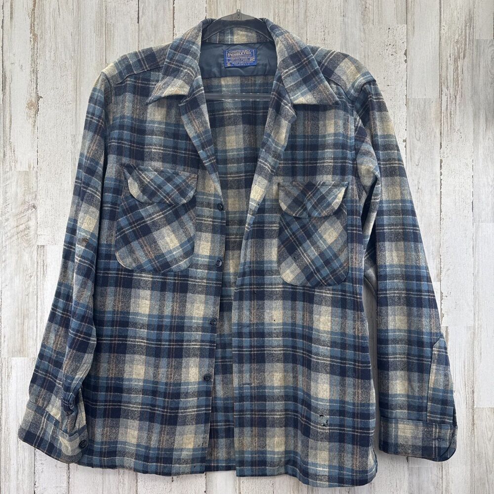 Vintage Pendleton Wool Shadow Plaid Loop Collar Flap Pocket Board Shirt Medium